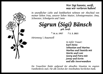 Traueranzeige von Sigrun Bänsch von Ansbach