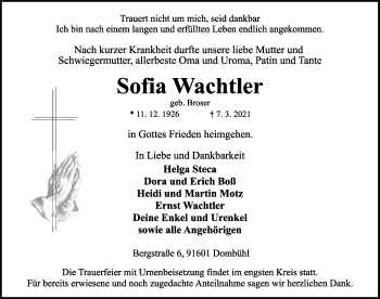 Traueranzeige von Sofia Wachtler von Rothenburg