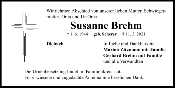 Traueranzeige von Susanne Brehm von Neustadt/ Scheinfeld/ Uffenheim