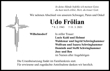 Traueranzeige von Udo Frölian von Neustadt/ Scheinfeld/ Uffenheim