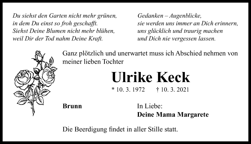  Traueranzeige für Ulrike Keck vom 12.03.2021 aus Neustadt/ Scheinfeld/ Uffenheim