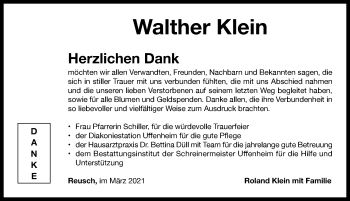 Traueranzeige von Walther Klein von Neustadt/ Scheinfeld/ Uffenheim