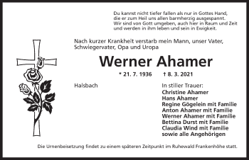 Traueranzeige von Werner Ahamer von Dinkelsbühl/ Feuchtwangen