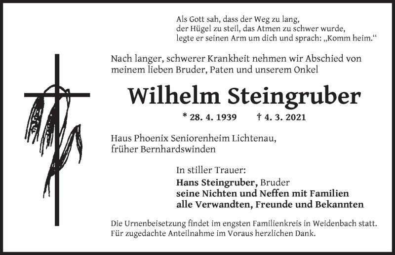 Traueranzeige für Wilhelm Steingruber vom 13.03.2021 aus Ansbach