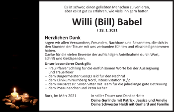 Traueranzeige von Willi  Babel von Dinkelsbühl/ Feuchtwangen