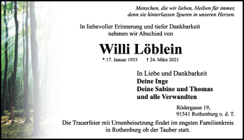 Traueranzeige von Willi Löblein von Rothenburg