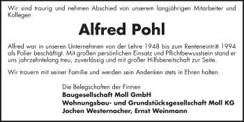 Traueranzeige von Alfred Pohl von Rothenburg
