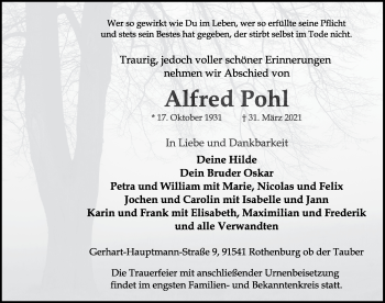 Traueranzeige von Alfred Pohl von Rothenburg