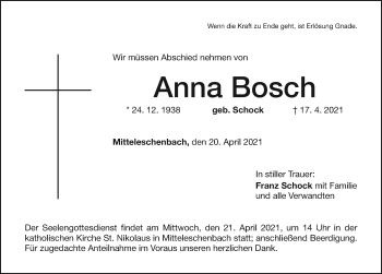 Traueranzeige von Anna Bosch von Ansbach