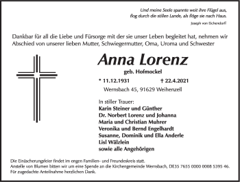 Traueranzeige von Anna Lorenz von Ansbach