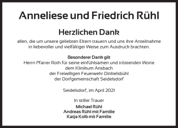 Traueranzeige von Anneliese Rühl von Dinkelsbühl/ Feuchtwangen