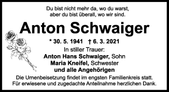 Traueranzeige von Anton Schwaiger von Ansbach