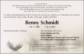 Traueranzeige von Benny Schmidt von Ansbach