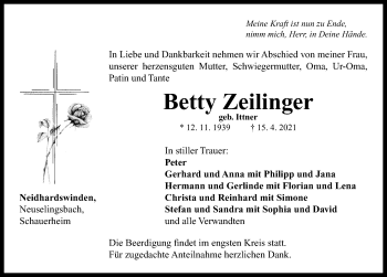 Traueranzeige von Betty Zeilinger von Neustadt/ Scheinfeld/ Uffenheim