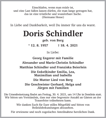 Traueranzeige von Doris Schindler von Dinkelsbühl/ Feuchtwangen