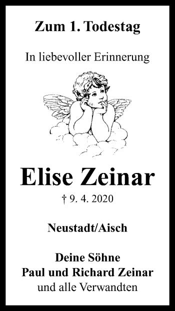 Traueranzeige von Elise Zeinar von Neustadt/ Scheinfeld/ Uffenheim