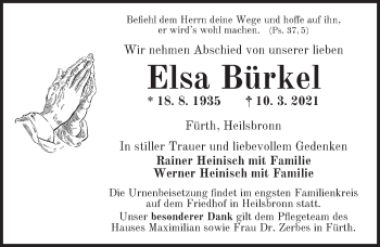 Traueranzeige von Elsa Bürkel von Ansbach