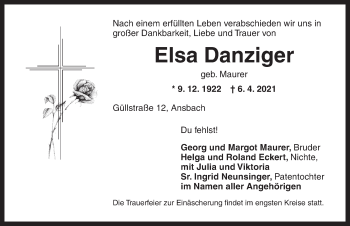 Traueranzeige von Elsa Danziger von Ansbach