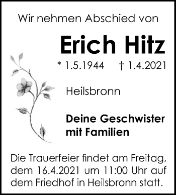 Traueranzeige von Erich Hitz von Ansbach