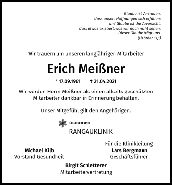 Traueranzeige von Erich Meißner von Ansbach