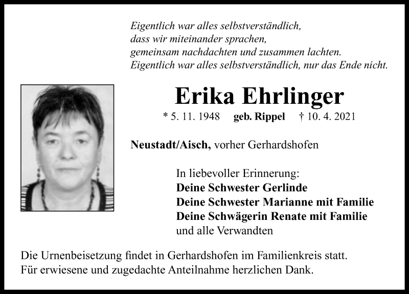  Traueranzeige für Erika Ehrlinger vom 17.04.2021 aus Neustadt/ Scheinfeld/ Uffenheim