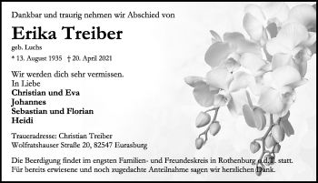 Traueranzeige von Erika Treiber von Rothenburg