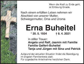 Traueranzeige von Erna Buheitel von Ansbach