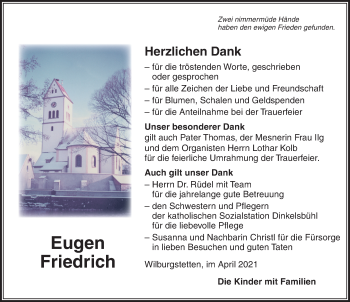 Traueranzeige von Eugen Friedrich von Dinkelsbühl/ Feuchtwangen