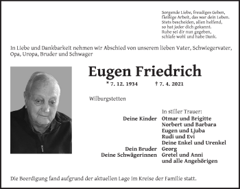 Traueranzeige von Eugen Friedrich von Dinkelsbühl/ Feuchtwangen