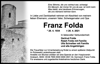 Traueranzeige von Franz Folda von Ansbach