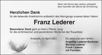 Traueranzeige von Franz Lederer von Ansbach