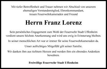 Traueranzeige von Franz Lorenz von Neustadt/ Scheinfeld/ Uffenheim