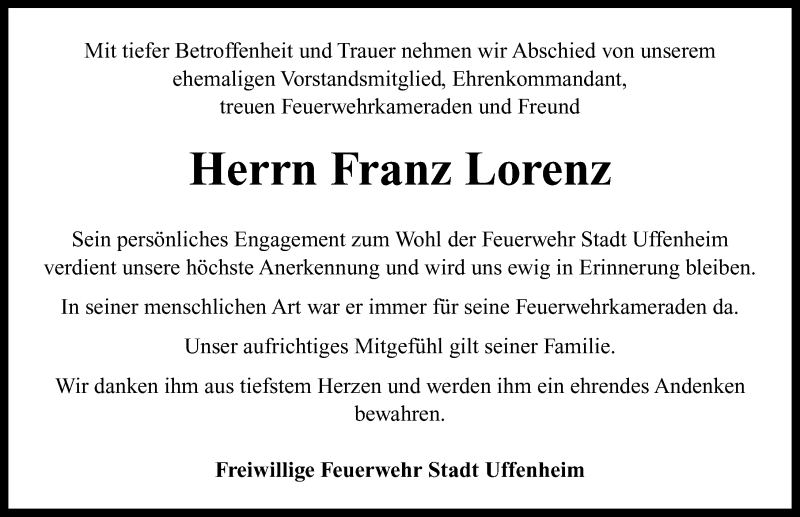 Traueranzeige für Franz Lorenz vom 30.04.2021 aus Neustadt/ Scheinfeld/ Uffenheim
