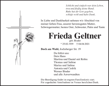 Traueranzeige von Frieda Geltner von Rothenburg