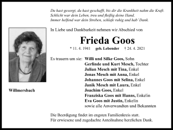 Traueranzeige von Frieda Goos von Neustadt/ Scheinfeld/ Uffenheim