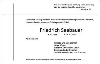 Traueranzeige von Friedrich Seebauer von Ansbach