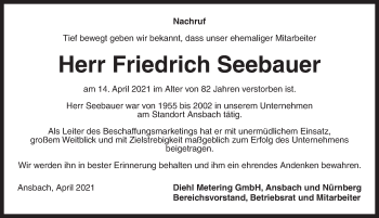 Traueranzeige von Friedrich Seebauer von Ansbach