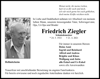 Traueranzeige von Friedrich Ziegler von Neustadt/ Scheinfeld/ Uffenheim