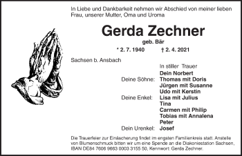 Traueranzeige von Gerda Zechner von Ansbach