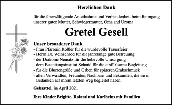 Traueranzeige von Gretel Gesell von Rothenburg
