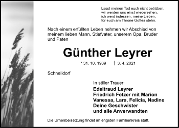 Traueranzeige von Günther Leyrer von Dinkelsbühl/ Feuchtwangen