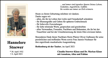 Traueranzeige von Hannelore Stoewer von Dinkelsbühl/ Feuchtwangen