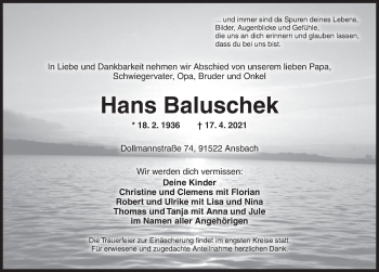 Traueranzeige von Hans Baluschek von Ansbach