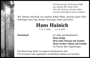 Traueranzeige von Hans Hainich von Neustadt/ Scheinfeld/ Uffenheim