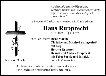 Traueranzeige von Hans Rupprecht von Neustadt/ Scheinfeld/ Uffenheim