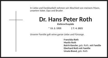 Traueranzeige von Hans Peter Roth von Ansbach