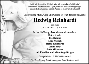 Traueranzeige von Hedwig Reinhardt von Rothenburg