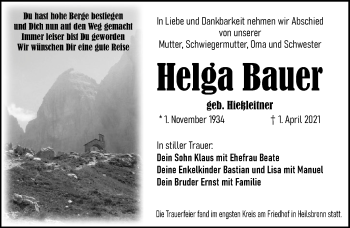 Traueranzeige von Helga Bauer von Ansbach