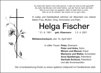 Traueranzeige von Helga Fischer von Ansbach