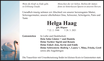 Traueranzeige von Helga Haag von Neustadt/ Scheinfeld/ Uffenheim